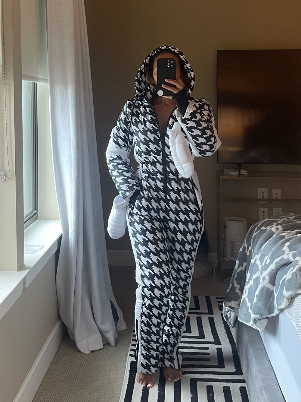 Black & White Houndstooth Hooded Jumpsuit with Mittens